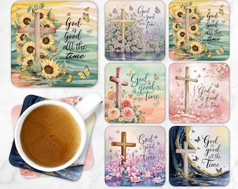 God is good all the time Coaster PNG Christian Bible Faith Sublimation Bundle Floral Cross Square Coasters Designs | Digital Download CO10