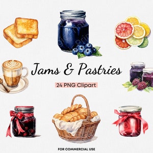 Clipart di marmellate e pasticcini ad acquerello, 24 grafiche PNG di alta qualità, clipart per picnic, colazione, brunch, illustrazioni, per uso commerciale