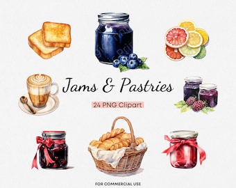 Aquarelle confiture et pâtisseries des cliparts, 24 images PNG de haute qualité pique-nique Clip art petit déjeuner brunch Illustration Bundle pour un usage commercial