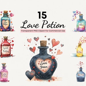 Love Potion Clipart, Watercolor Valentines Day Clipart, 15 High Quality PNG With Transparent Background, Commercial Use Graphics