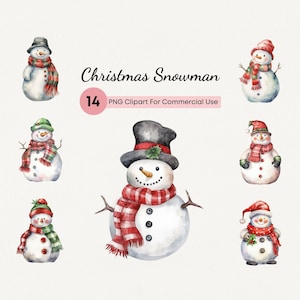 Christmas Snowman Clipart, Watercolor Christmas Snowmen Clip art, 14 PNG Cute Christmas For Commercial Use, Holiday Greeting Card