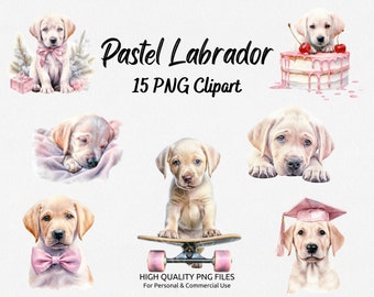 Labrador Retriever Clipart | 15 Commercial Use PNG, Pink Pastel Clipart, Watercolor Labrador Clipart Bundle, Dog Portrait
