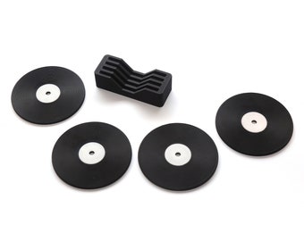 Vinyl Record LP Coaster Set of 4 with Holder - Black