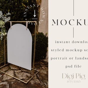 May include: A gold metal arch stand with a white round sign. The stand is in front of a green bush and a stone wall. The sign is blank and ready for your text or design.  MOCKUP instant download styled mockup scene portrait or landscape psd file Digi Pig STUDIO