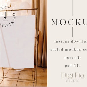 May include: A gold metal easel stand with a white poster board. The stand is on a tiled floor with a white wall and a brown curtain in the background. The text "MOCKUP" is written in black on a white background.