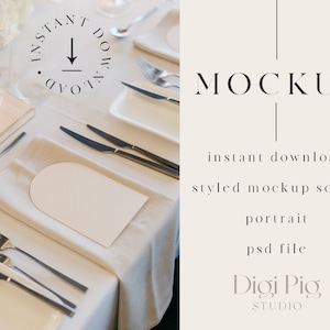 Cartão de menu arqueado Flat Lay Mockup. Prato porta-lugares de casamento (50)