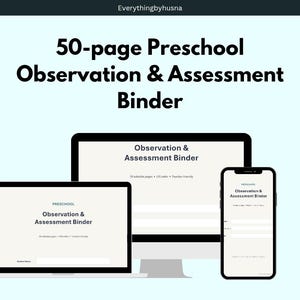 May include: A digital 50-page Preschool Observation & Assessment Binder displayed on a laptop, a desktop monitor, and a smartphone screen. The text on the screens reads Observation & Assessment Binder, 50 editable pages, US letter, and teacher friendly.