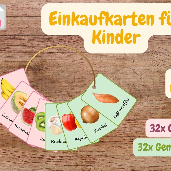 Obst und Gemüse Lebensmittel Lernkarten, für den Einkauf, Einkaufsliste Kinder, Montessori, Einkaufskarten, Routinekarten, zum Download, pdf