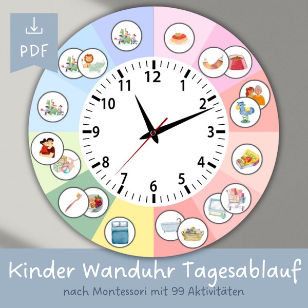 Kinder Wanduhr, Tagesablauf Kinder, Tagesroutine Kinder, Kinder Uhr, Montessori Uhr, Uhr lernen, Uhr Kinderzimmer, Kindergarten, Vorschule