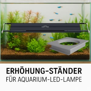 Könnte beinhalten: Eine schwarze Aquarium-LED-Leuchte mit silbernen Halterungen hängt über einem Aquarium. Das Becken enthält grüne Pflanzen, braunes Substrat und kleine blaue Fische. Ein grauer Ständer befindet sich im Vordergrund. Text: "ERHÖHUNG-STÄNDER FÜR AQUARIUM-LED-LAMPE."