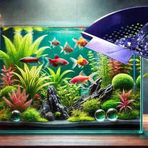 Könnte beinhalten: Ein Glasaquarium mit einer Vielzahl von bunten Fischen, die darin schwimmen. Das Aquarium ist mit grünen Pflanzen und Steinen gefüllt. Ein blaues Plastiknetz wird verwendet, um Wasser aus dem Aquarium zu schöpfen.