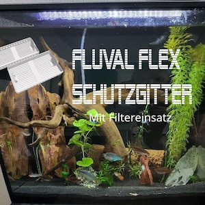Könnte beinhalten: Ein schwarzes Aquarium mit einer grünen Pflanze, einem braunen Ast und zwei weißen Filtereinsätzen. Der Text "Fluval Flex Schutzgitter Mit Filtereinsatz" ist auf der Vorderseite des Aquariums sichtbar.