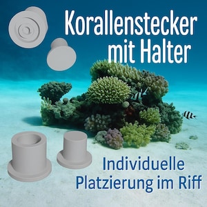 Könnte beinhalten: Hellgraue Korallenstecker und Halter werden vor einer Unterwasserszene mit Korallen und Fischen gezeigt. Der Text lautet "Korallenstecker mit Halter" und "Individuelle Platzierung im Riff."