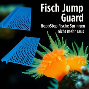 May include: Blue plastic fish jump guard with a diamond-shaped grid pattern. The text "Fisch Jump Guard" and "HoppStop Fische Springen nicht mehr raus" is visible in the image.