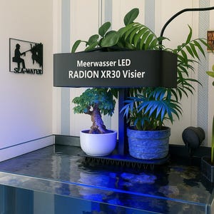 Op de afbeelding: Zwarte lamp met de tekst "Meerwasser LED RADION XR30 Visier" aan de voorkant. De lamp is geplaatst boven twee planten in potten, een met een witte en een met een blauwe pot.