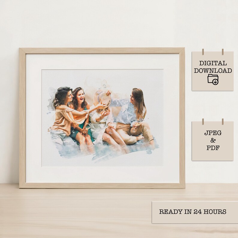 Custom watercolor friends portrait from photo, digital download wall art, personalized birthday gift for her, unique keepsake illustration for Christmas