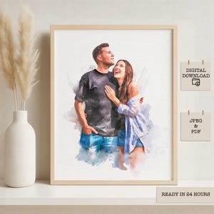 Custom watercolor couple portrait digital download, personalized housewarming gift, unique art print from photo, anniversary or Christmas keepsake