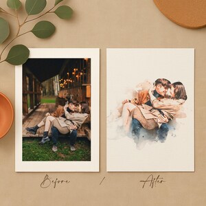 Retrato de acuarela personalizado a partir de una foto, pintura digital personalizada, arte imprimible para parejas y familias, regalo de aniversario de bodas y Navidad. imagen 2