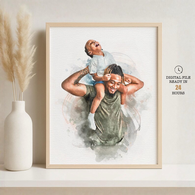 Custom watercolor father and baby portrait digital download, personalized Father’s Day gift, family art print from photo, unique Christmas keepsake illustration