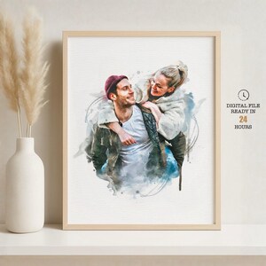 Retrato de acuarela personalizado a partir de una foto, pintura digital personalizada, arte imprimible para parejas y familias, regalo de aniversario de bodas y Navidad. imagen 4