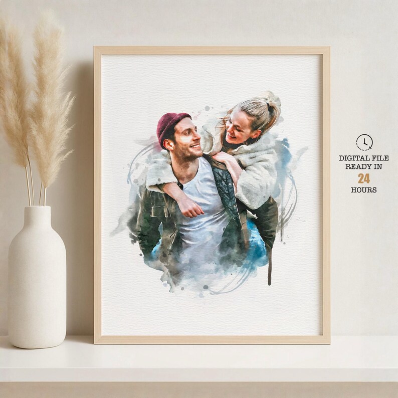 Retrato de acuarela personalizado a partir de una foto, pintura digital personalizada, arte imprimible para parejas y familias, regalo de aniversario de bodas y Navidad. imagen 4