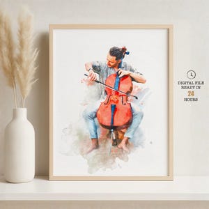 Custom watercolor musician portrait with cello, art print from photo, personalized graduation gift, unique Christmas present for music lovers