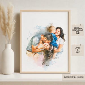 Custom watercolor family portrait digital download, personalized Mother’s Day gift, art print from photo, unique Christmas anniversary keepsake
