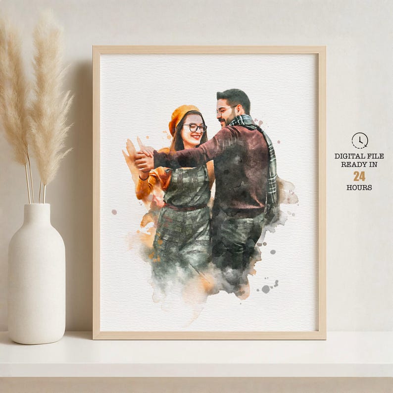 Custom watercolor couple portrait digital download, personalized birthday gift for him or her, unique art print from photo, anniversary Christmas keepsake