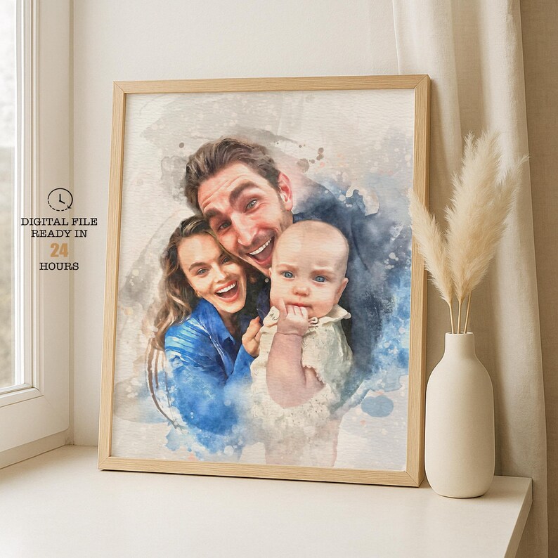 Retrato de acuarela personalizado a partir de una foto, pintura digital personalizada, arte imprimible para parejas y familias, regalo de aniversario de bodas y Navidad. imagen 11