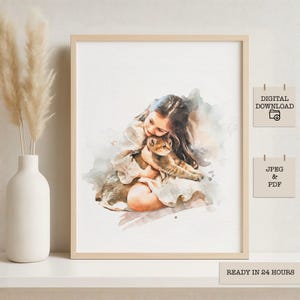 Custom watercolor child and cat portrait digital download, personalized Mother’s Day gift, pet lover art print from photo, unique Christmas keepsake illustration