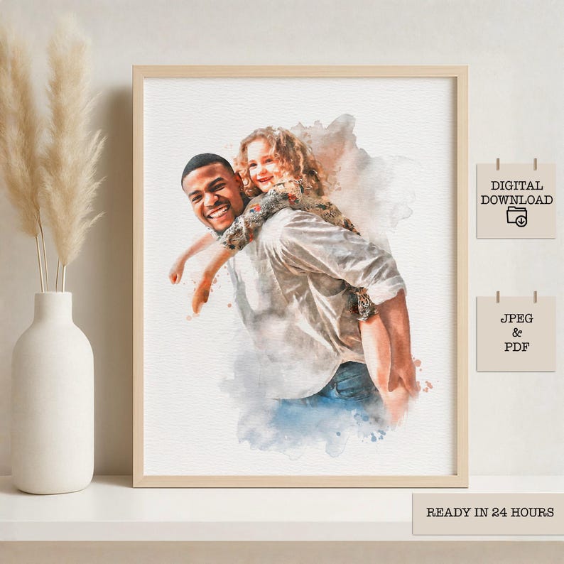 Custom watercolor father and daughter portrait from photo, digital download wall art, personalized Father’s Day gift, unique family keepsake illustration for Christmas