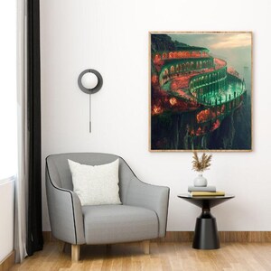 Un invernadero color esmeralda transformado en un anfiteatro colosal / Plano general surrealista / Arte digital