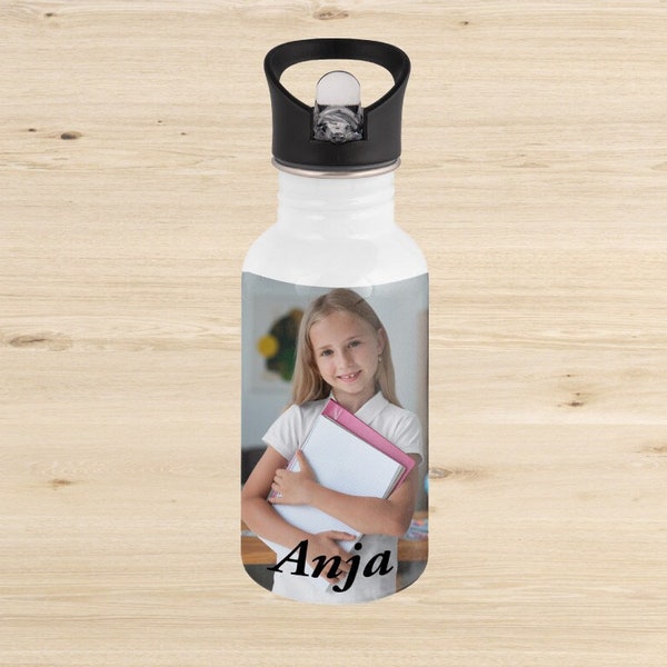 Personalisierte Trinkflasche aus Edelstahl, personalisiertes Geschenk für Kinder, 360 Grad Druck mit Wunschtext und Foto, Einschulung, KITA