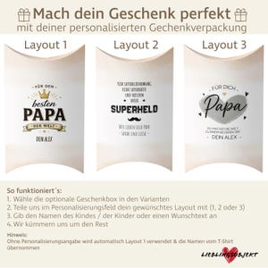 K&ouml;nnte beinhalten: Abbildung von drei Geschenkbox-Layouts mit deutschem Text. Layouts enthalten S&auml;tze wie "bester Papa" und "Superheld". Anweisungen zur Personalisierung der Geschenkbox sind ebenfalls enthalten.