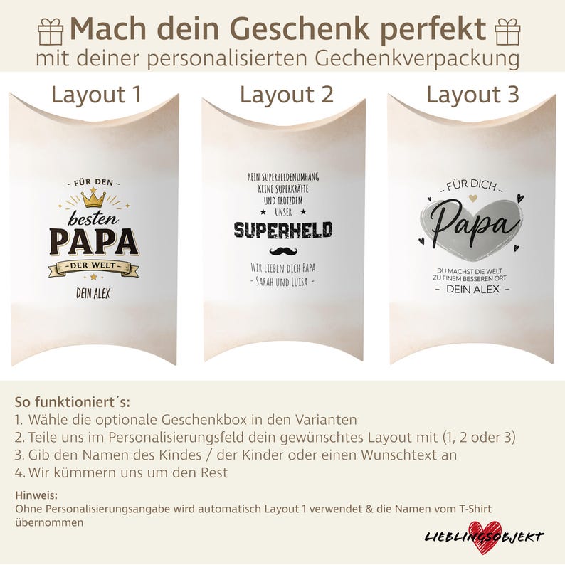 K&ouml;nnte beinhalten: Abbildung von drei Geschenkbox-Layouts mit deutschem Text. Layouts enthalten S&auml;tze wie "bester Papa" und "Superheld". Anweisungen zur Personalisierung der Geschenkbox sind ebenfalls enthalten.