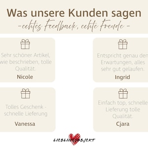 K&ouml;nnte beinhalten: Grafik mit deutschem Text, der Kundenbewertungen zeigt. S&auml;tze wie "Sehr sch&ouml;ner Artikel" und "tolle Qualit&auml;t" sind zu sehen. Unten befindet sich ein rotes Herz-Logo.