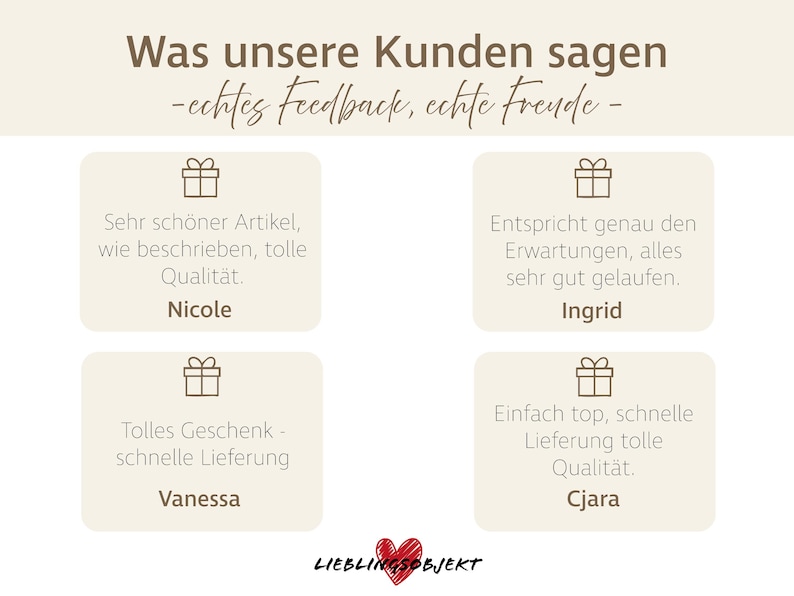 K&ouml;nnte beinhalten: Grafik mit deutschem Text, der Kundenbewertungen zeigt. S&auml;tze wie "Sehr sch&ouml;ner Artikel" und "tolle Qualit&auml;t" sind zu sehen. Unten befindet sich ein rotes Herz-Logo.