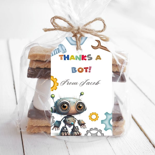 Editable Thanks a Bot Boys Party Favor Tags , Robot Gift Tags Labels Instant Download Nuts and Bolts Gift Tag Template corjl 127