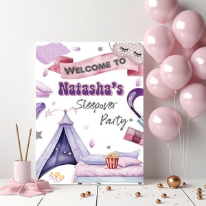 Editable Welcome Sleepover Birthday Sign A3 Sign Slumber Party Sign Welcome Sign Purple Girls Sleepover A3 Sign Instant Download corjl 242