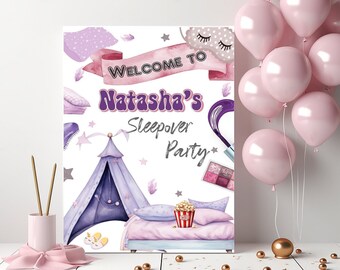Editable Welcome Sleepover Birthday Sign A3 Sign Slumber Party Sign Welcome Sign Purple Girls Sleepover A3 Sign Instant Download corjl 242