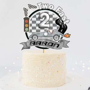 Editable Two Fast Boys Race Car Cake Topper, Grey Cake Decor, Centrepiece, Boys 2nd Birthday,Large Cake Topper Racing Car,Corjl Template 370
