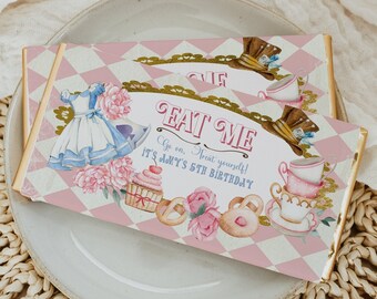 Editable Wonderland Chocolate Bar Labels Candy Bar Wrapper Tea Party Wonderland Pink Floral Download Corjl Template Printable 68