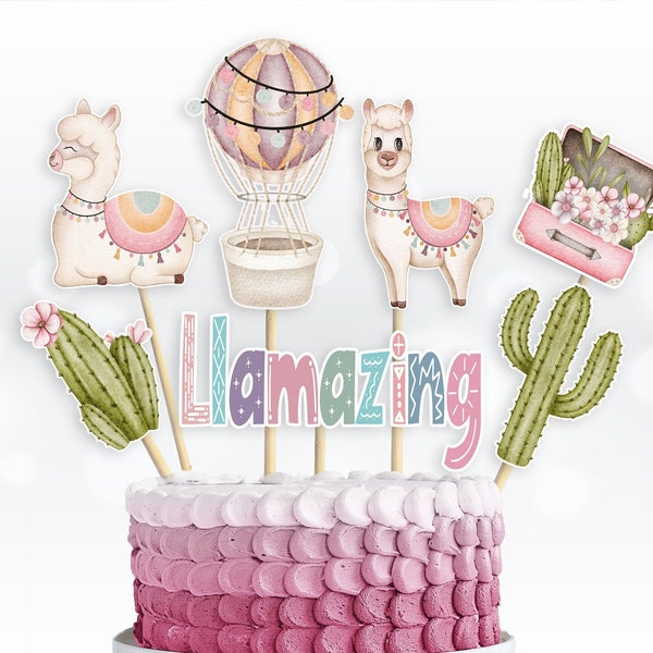 Printable Llama Cake Toppers Party Favor Llama Centrepieces Decoration Fiesta, Cactus topper Birthday cake decor Download Digital 115