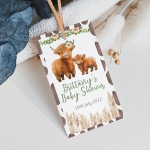 Editable Highland Cow Gift Tags, baby Shower Tags , Gender Neutral Tags,Baby Shower pArty Favor  birthday labels,Stickers thank you Tags 185