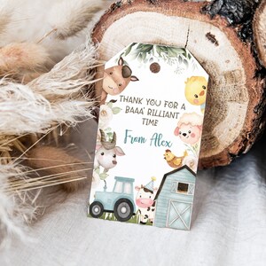 Editable Boys Thank you Farm Animal Gift Tags Farm yard Party Favor Labels Instant Download Blue Farm Gift Tag Template 16