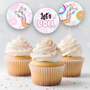 Printable Retro cake Toppers, Let&#39;s Roll,Birthday Party Favors cupcake Toppers Girls, Roller Skates,Disco, Groovy, Pink Digital Download 283