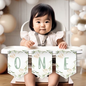 Girls Birthday Banner High Chair Banner, ONE 1st First Birthday Sage Green Leaves Boys Bunting Wild One PRINTABLE Digital Corjl 314