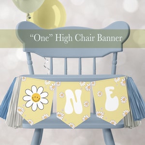 Daisy Birthday Banner High Chair Banner, Floral 1st First Birthday Yellow , Girls Party Decor ,  Summer Bunting PRINTABLE Digital Corjl 477