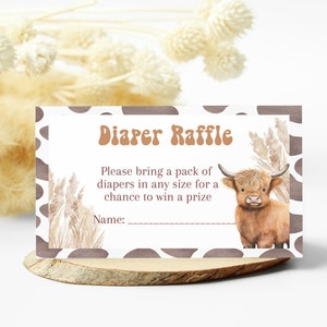 Editable Highland Cow Diaper Raffle Ticket Diaper Game Card Cow Print,Baby Shower Insert  Shower Download Template Corjl PRINTABLE 290