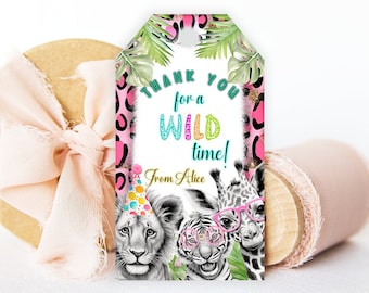 Editable Wild Animals Party Favor Tags ,Thanks for a wild time,Leopard Gift Tags Labels Instant Download Animals Stickers Template corjl 522